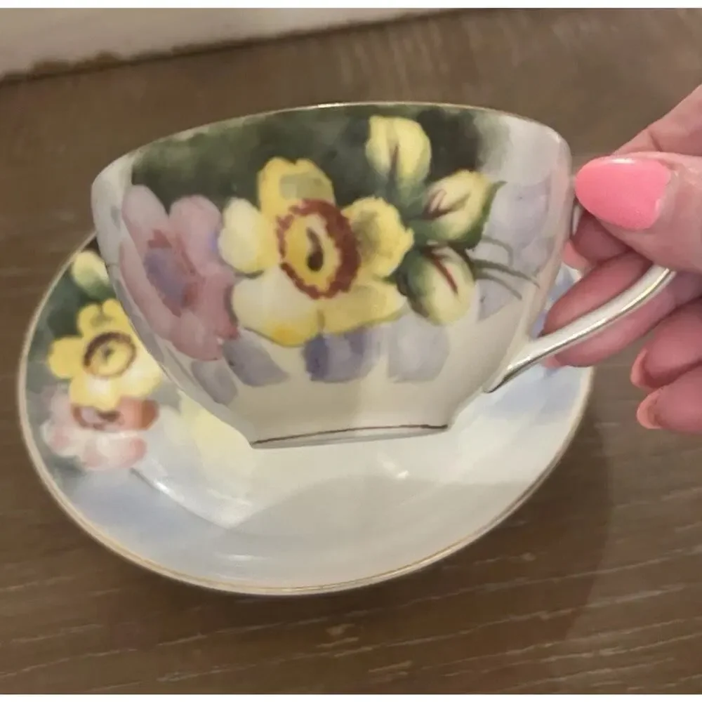 Antique Bayreuth Bone China Yellow Floral Handpainted Tea Cup & Saucer Gold Trim